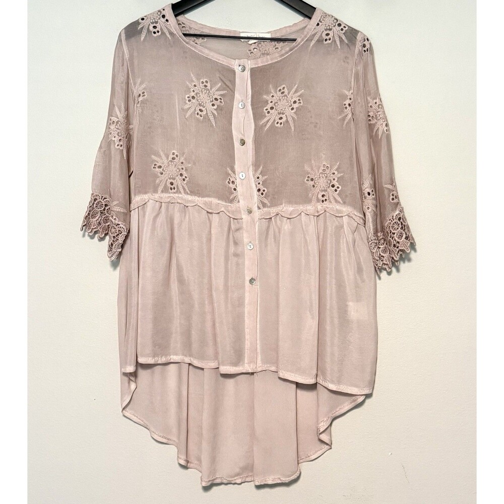 Belle France Silk Tunic Top S Blush Pink Eyelet Lace Boho Fairy